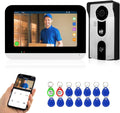 Wifi Tuya Accueil Vidéo Sonnette Interphone Système 7 Pouces Couleur écran Tactile Affichage Intérieur + 1080P HD RFID Caméra Extérieure IR Vision Nocturne(Noir/Argent)