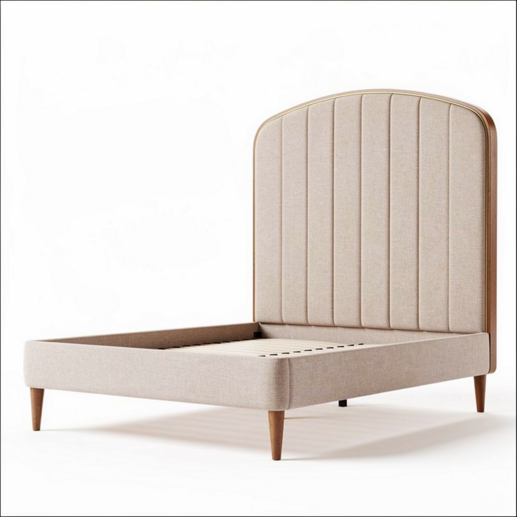 Lit en tissu beige avec tête de lit rembourrée et dimensions 205 x 160 x 100cm