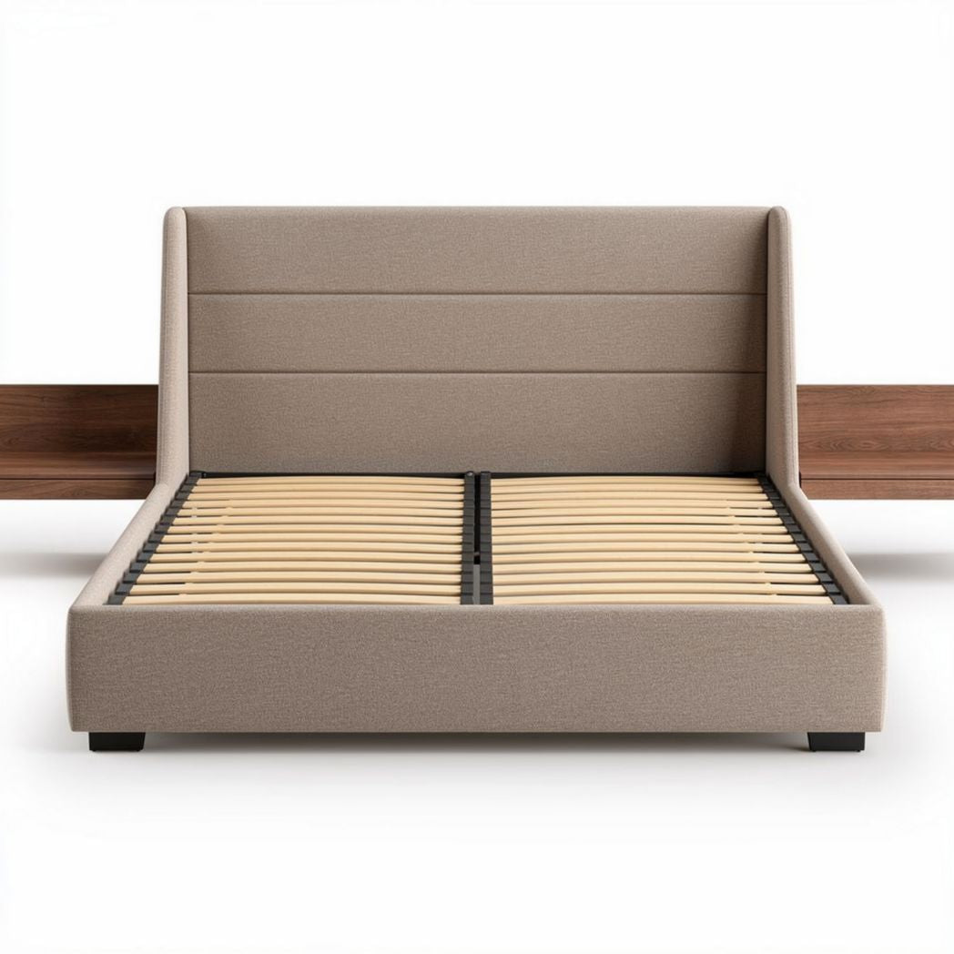 Lit en tissu beige avec sommier à lattes dimensions 200 x 160 x 100cm