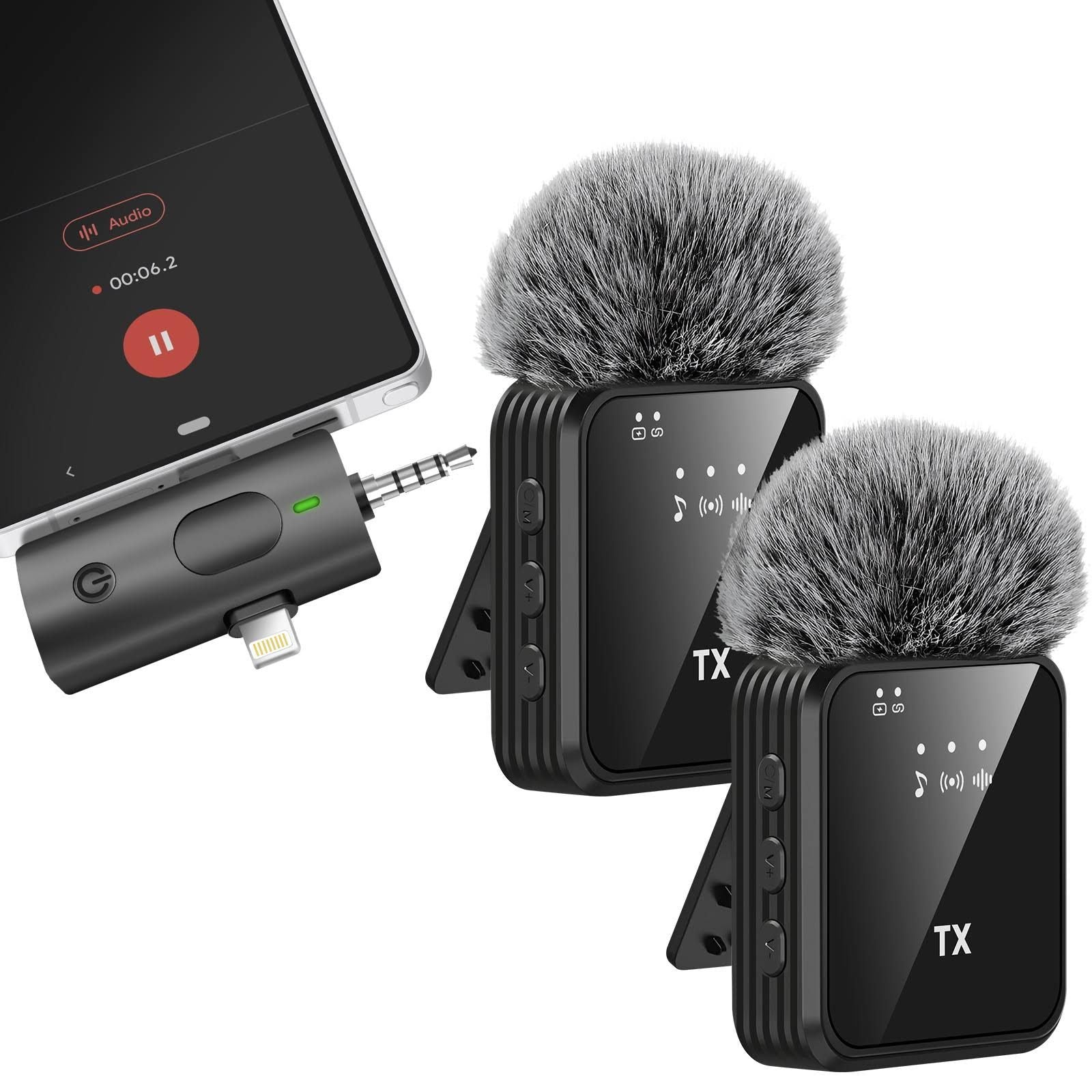 Avizar Lot De 2 Micro Cravate Sans Fil Récepteur Usb-c Lightning Jack 3.5mm Anti-vent(Noir/Gris)