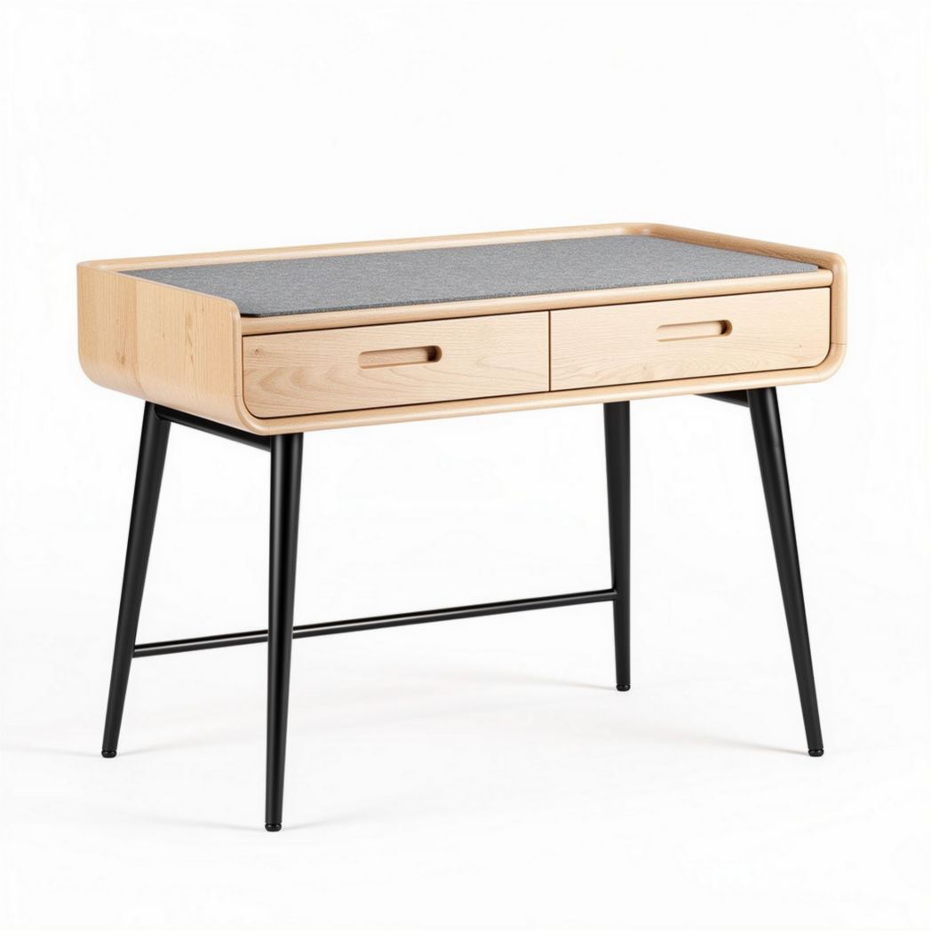 Table de bureau en bois de hêtre avec deux tiroirs et surface grise 100 x 50 x 75cm