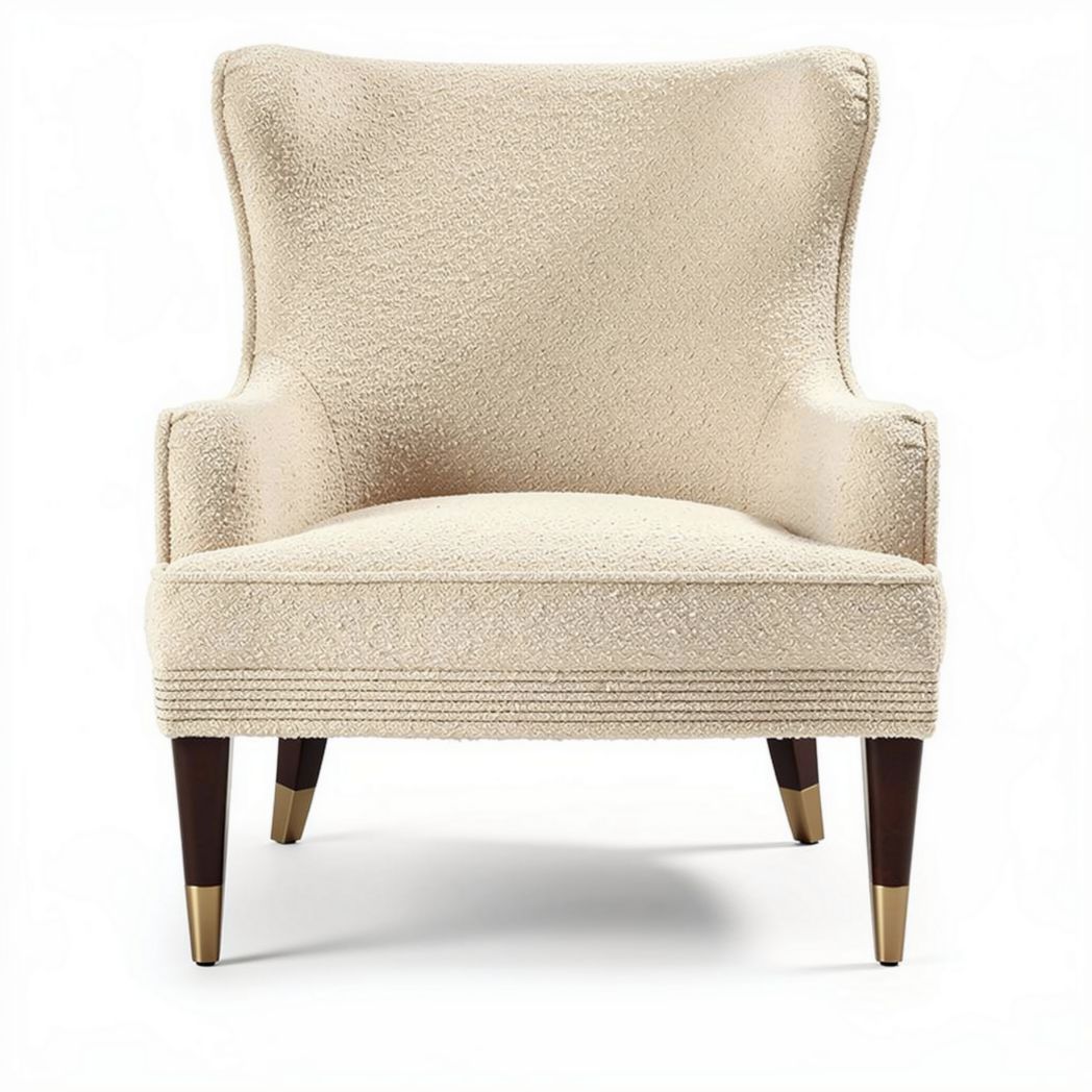 Fauteuil moderne en tissu beige avec des pieds en bois de 70 x 70 x 85cm
