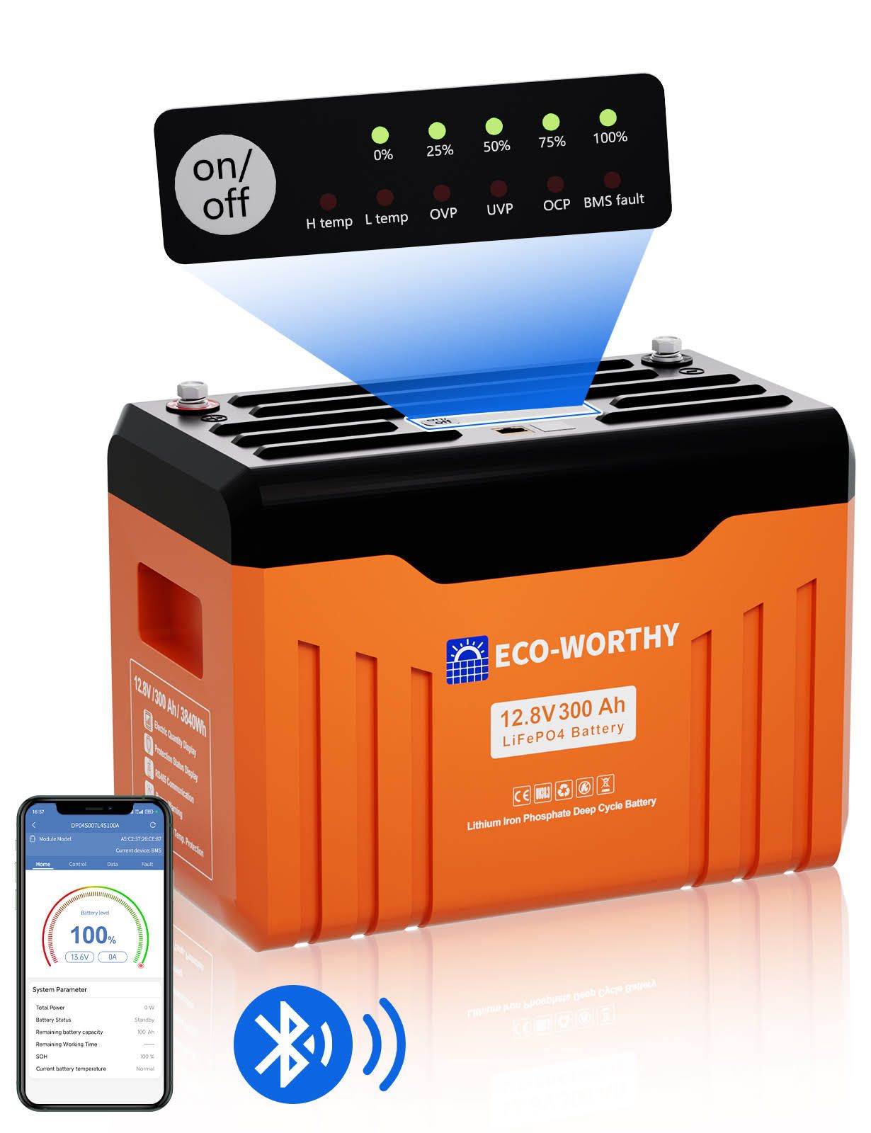 ECO-WORTHY Batterie Lithium 12V 300Ah LiFePO4 Bluetooth(Noir/Orange)