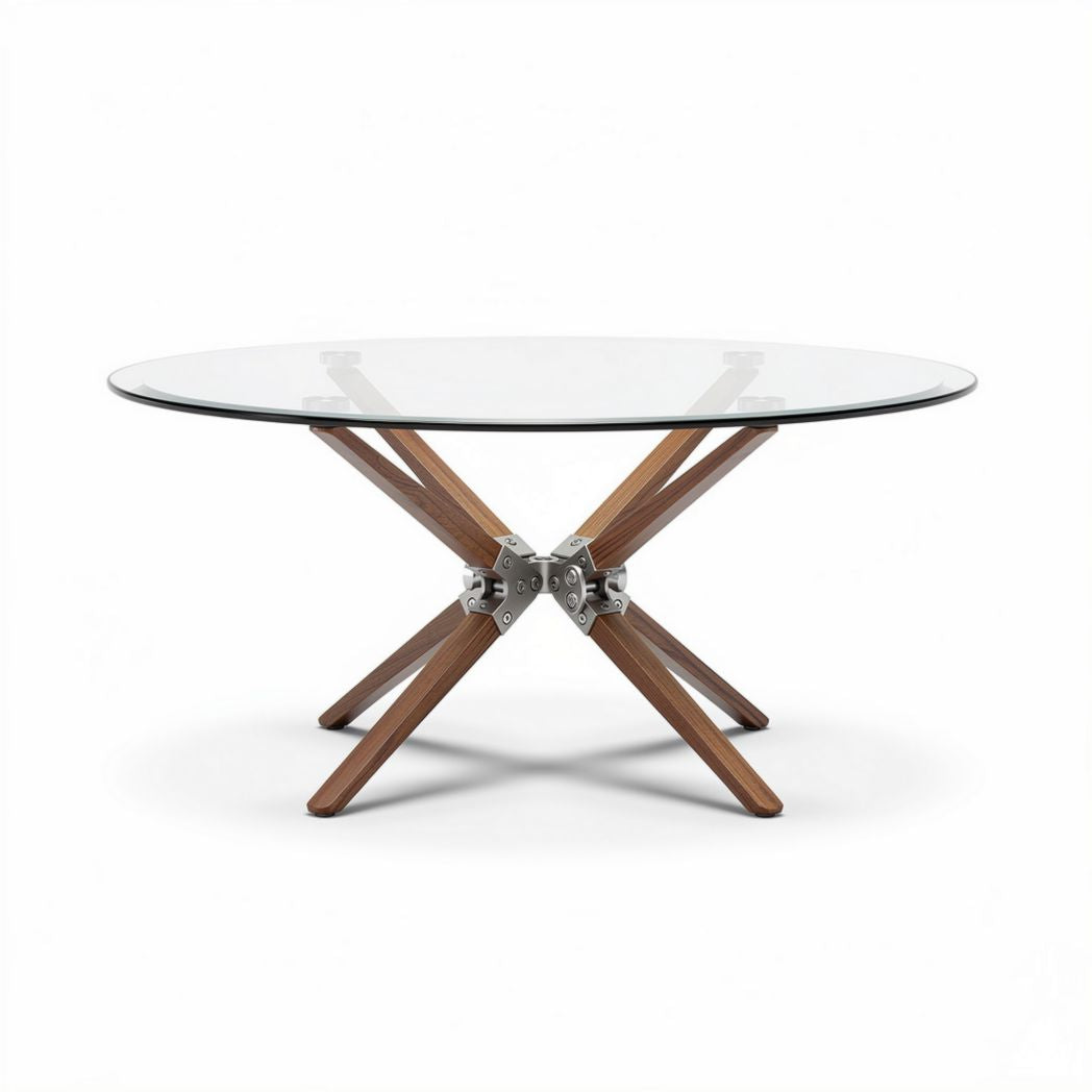 Table ronde en verre avec base en bois couleur naturelle 70 x 70 x 75cm